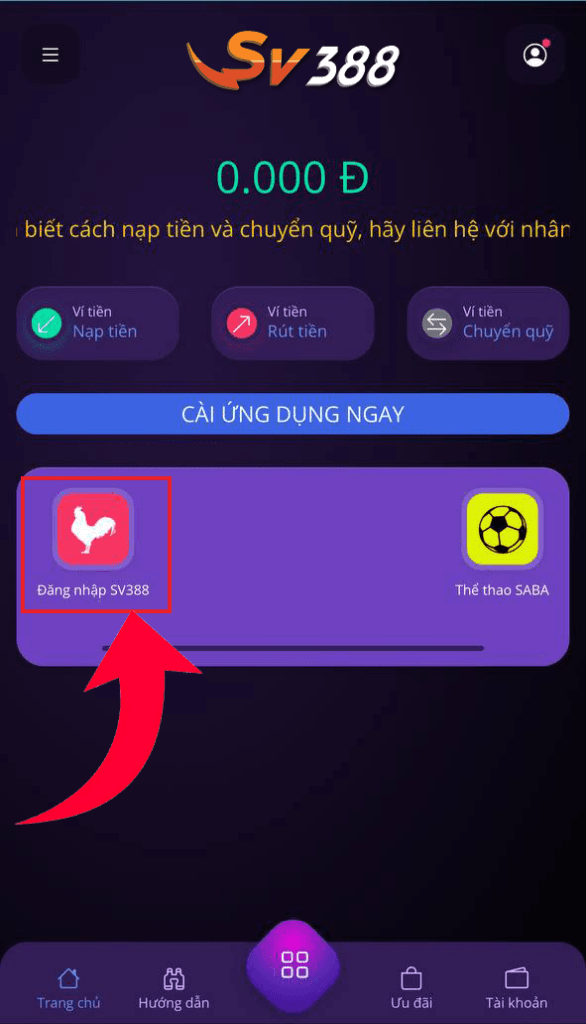 Bấm vào ô Đăng Nhập SV388 để nhận ID