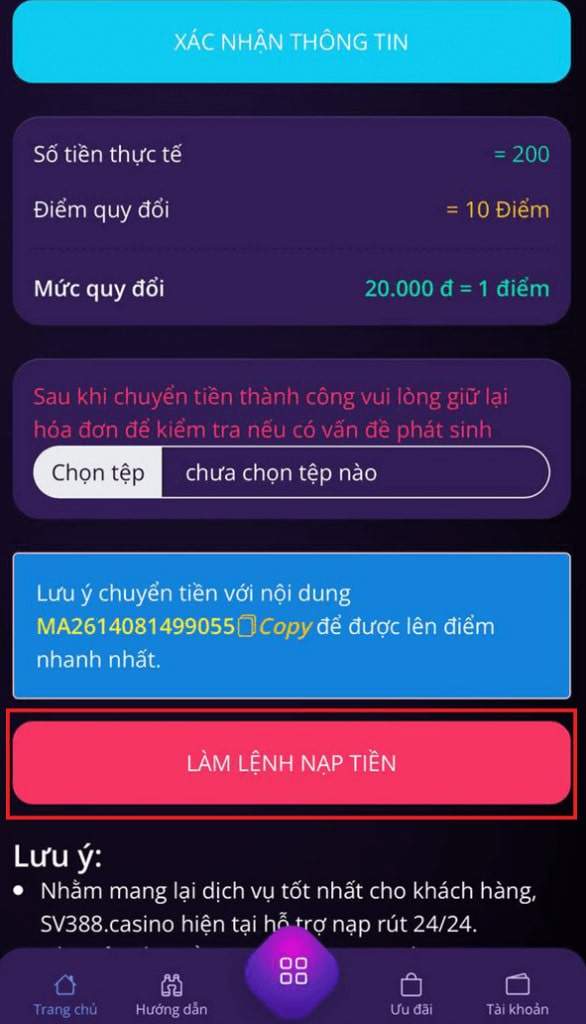 Bấm vào ô "Làm Lệnh Nạp Tiền"