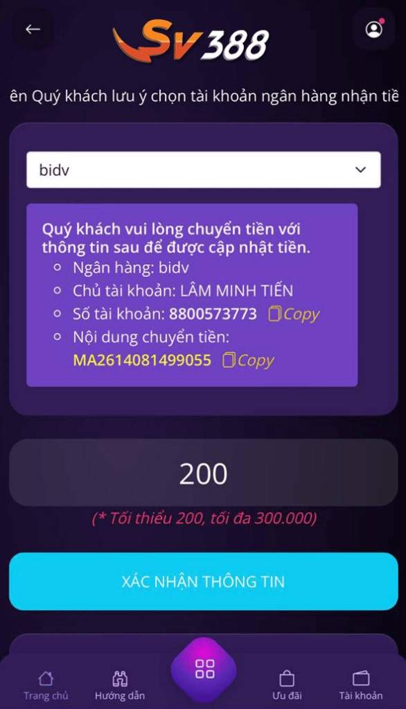 Chọn ngân hàng và số tiền cần nạp