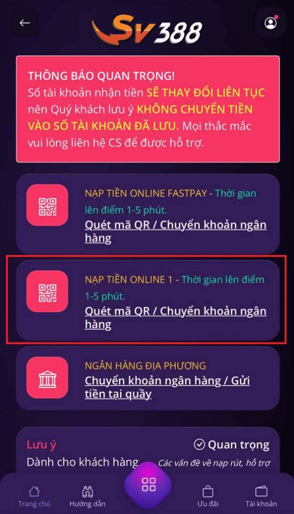 Bấm vào ô “Nạp Tiền Online 1”