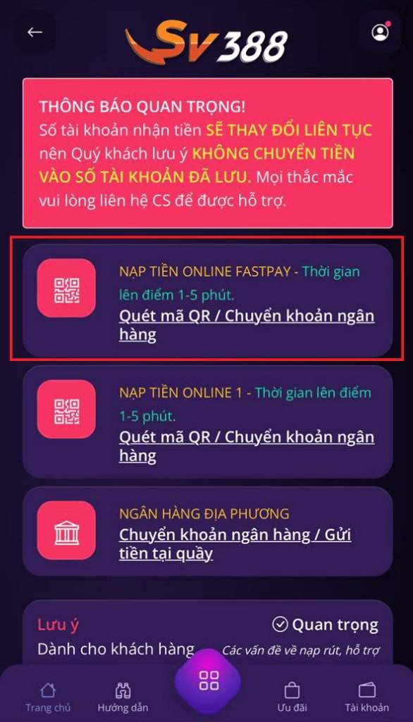 chọn vào phương thức “Nạp Tiền Online Fastpay”