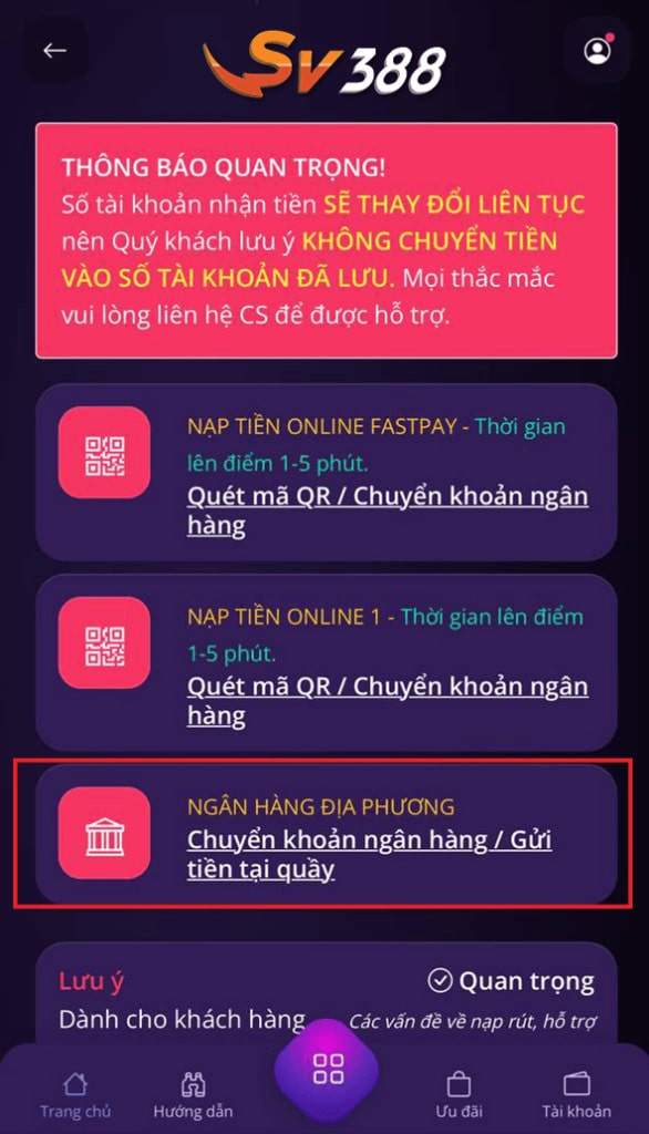 Chọn vào phương thức “Ngân Hàng Địa Phương"