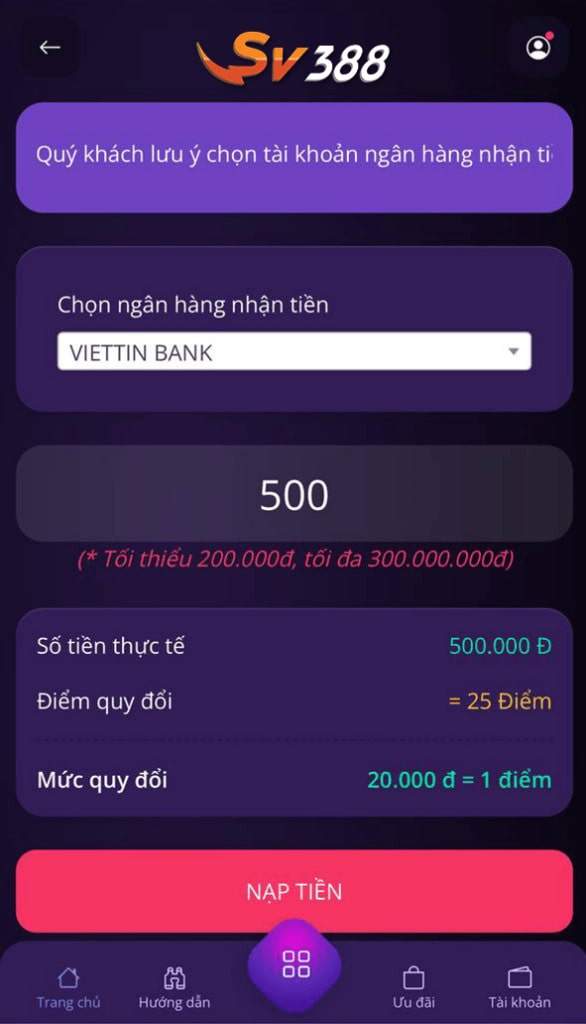 Chọn ngân hàng và điền số tiền muốn nạp