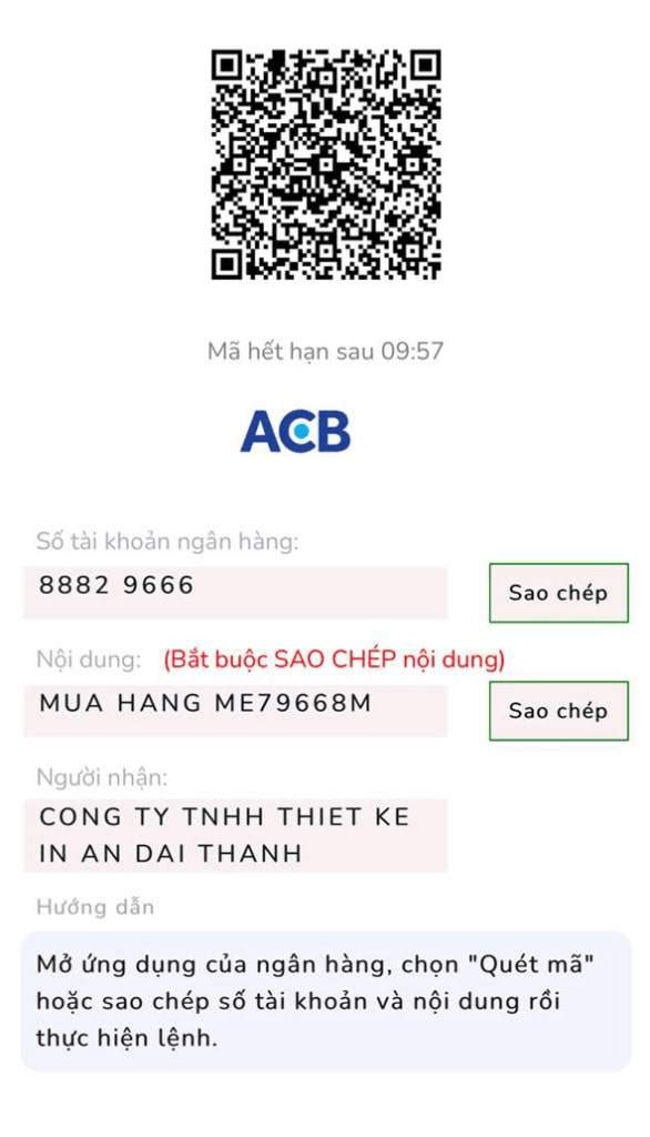 Quét mã QR hoặc sao chép STK để chuyển tiền