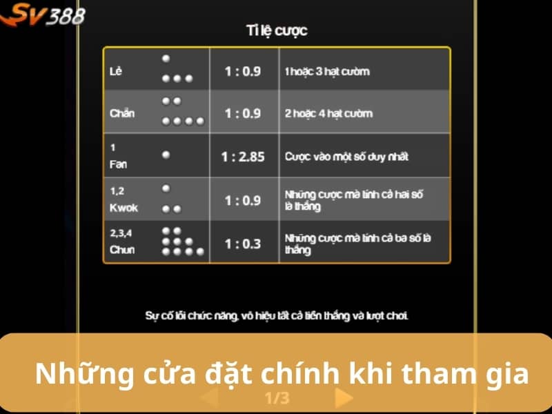 Các cửa đặt cược chính khi tham gia chơi bài Fantan